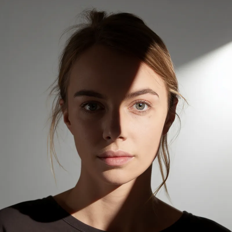 A face lit hard from one side, leaving one half brightly lit and the other half in deep shadow with a sharp shadow edge down the nose.
